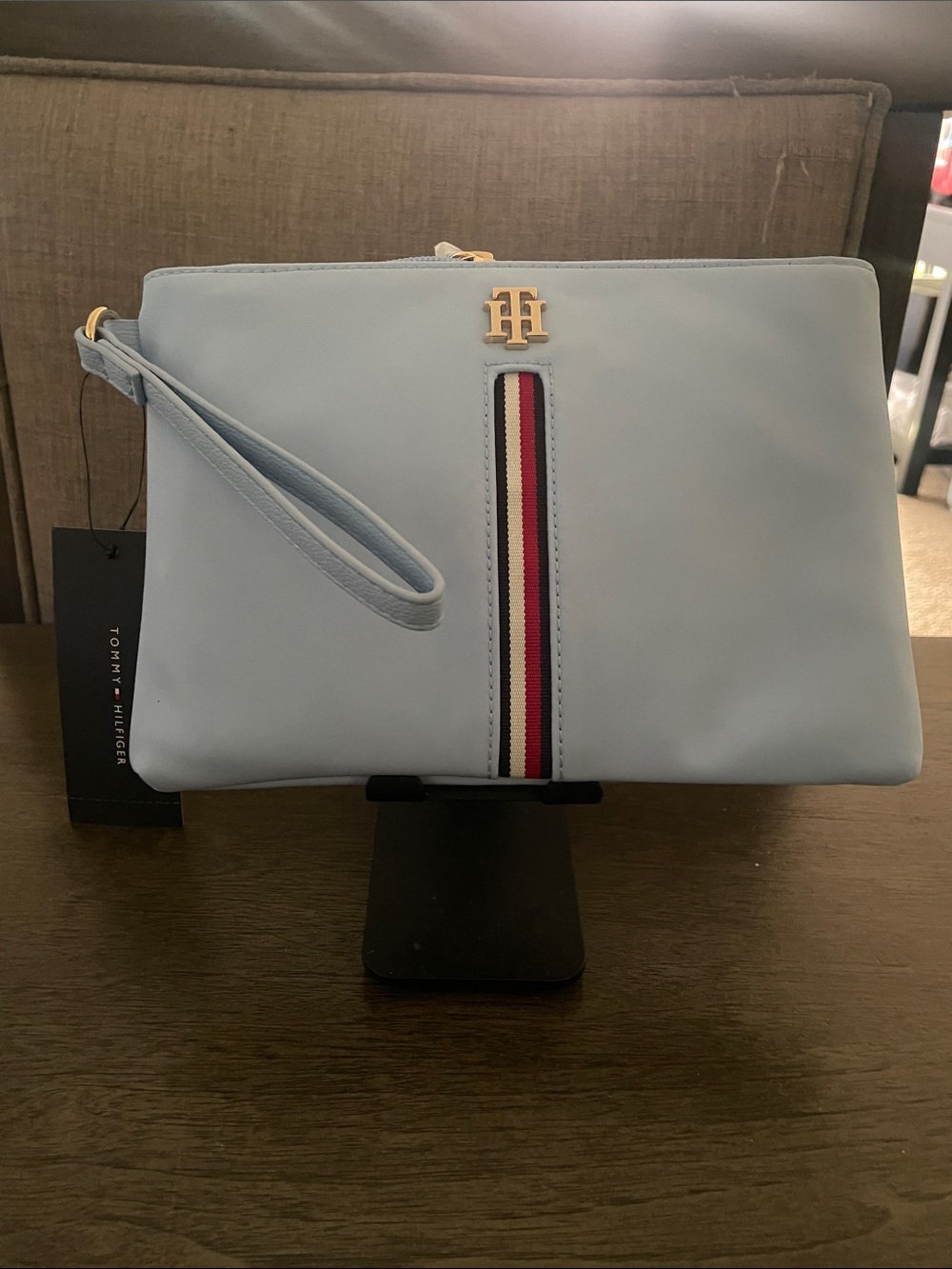 Tommy Hilfiger Baby Blue Wristlet with Signature Red-White-Navy Stripe